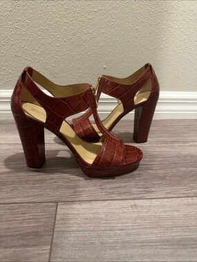 Michael Kors Croc-Embossed Block Heel Sandals - Burgundy